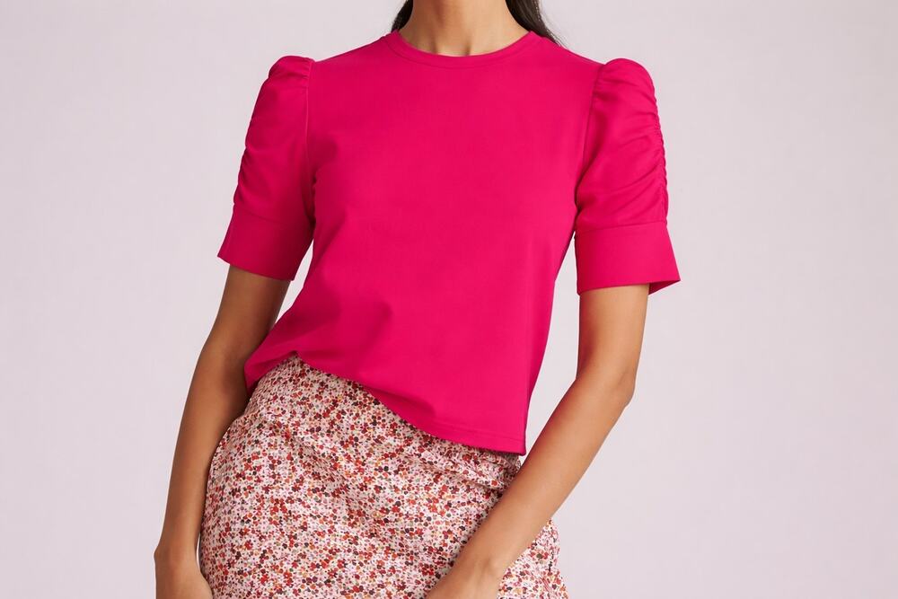 NWT Walter Baker Women’s Large Hot Pink Puff Sleeve Ruched Blouse Top
